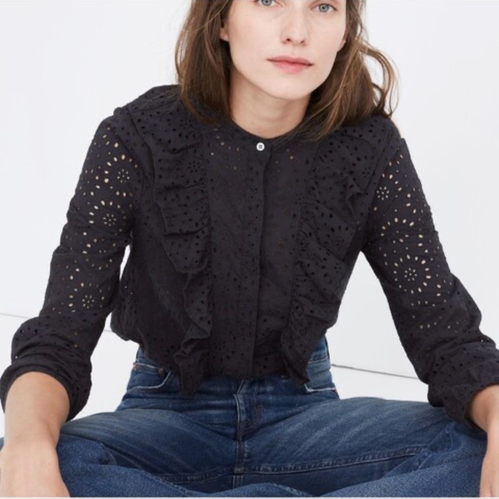 Madewell Eyelet Ruffle-Front Button Down Cotton Blouse In Black Size M
